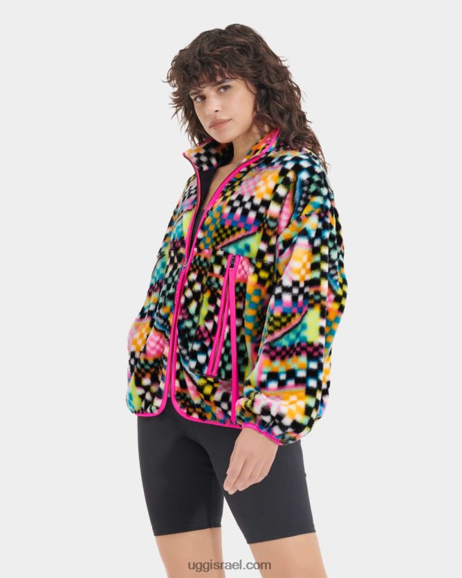 מעיל פרווה מלאכותית בהדפס מרלן צ'קים נשים UGG VLDPRV182 צ'קים שחורים